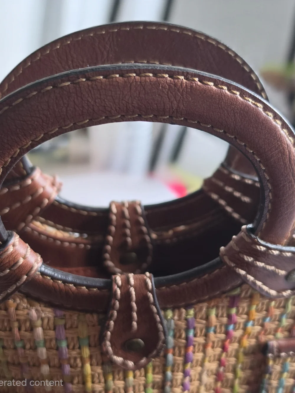 Vtg Woven Multicolor Pink Purple Green Straw Tote Brown Leather Handles & Strap